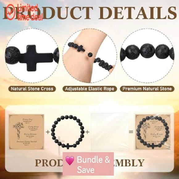 12 Natural Stone Cross Bracelets Set Christian Gift Stretch Fit - Picture 5 of 8